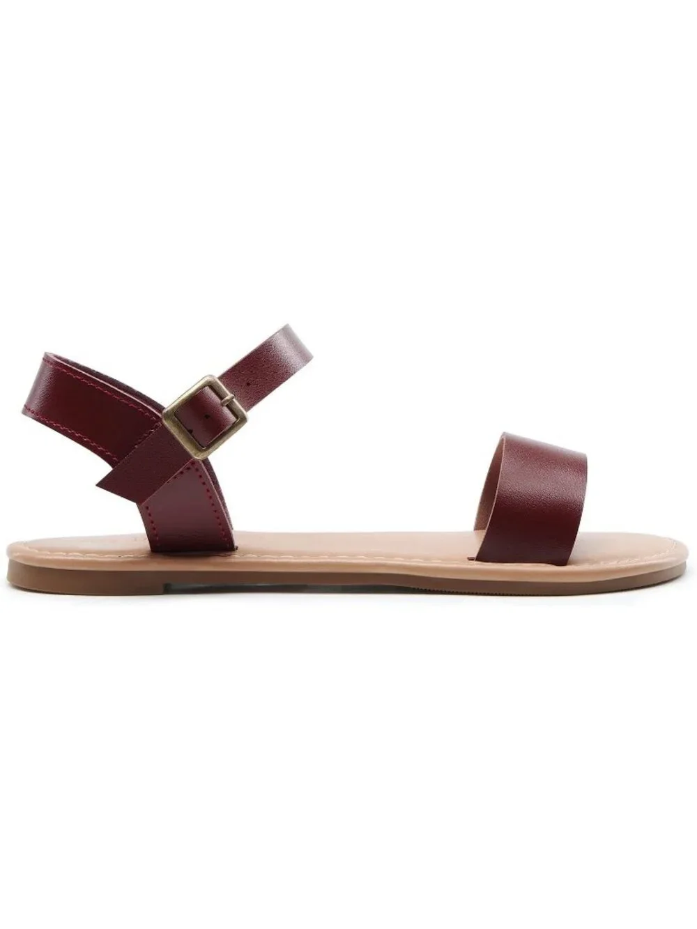 Women's Brown Pu Ankle Strap Flat Sandal Open Toe One Band Buckle Summer Sandals